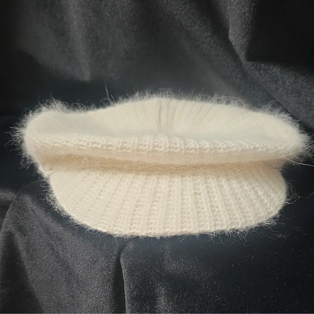 White Angora Nylon Knit Newsboy Hat Solid Women's One Size RN 7008